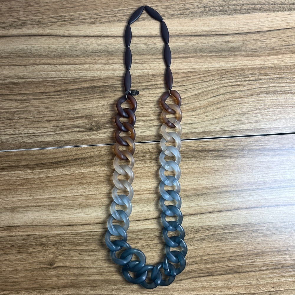 Alisha D Ombre Chunky Fashion Acrylic Link Chain Blue & Brown Statement Necklace